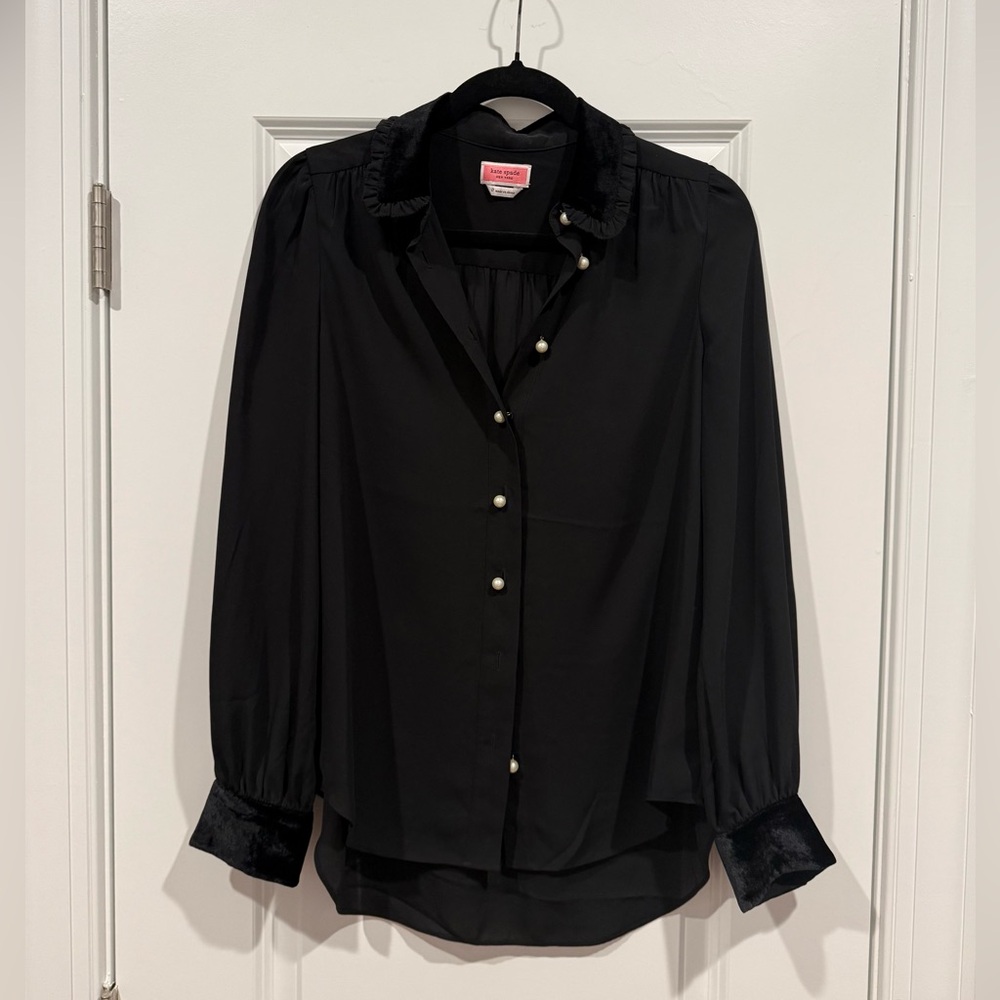 Kate Spade Black Pearl-Button Long-Sleeve Blouse